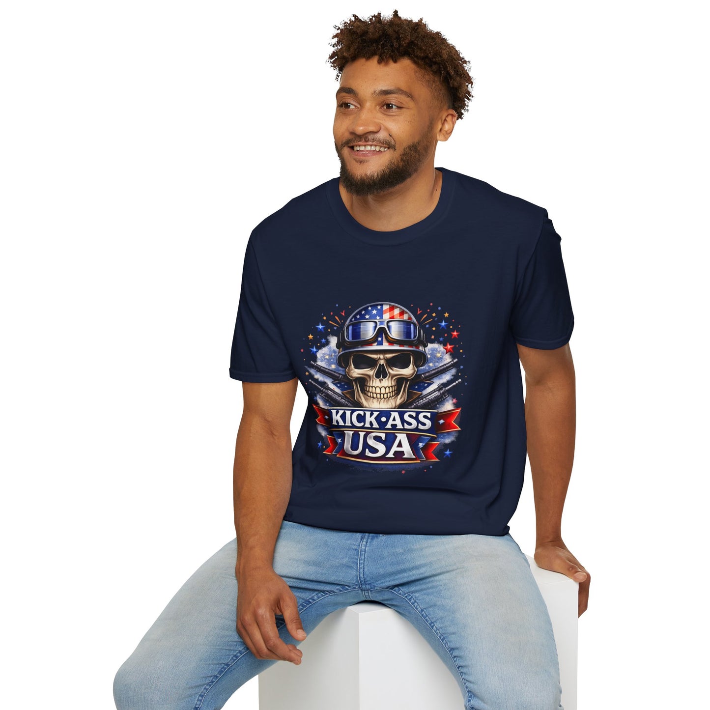 Unisex — Men's and Women's — Kick-Ass USA Skull T-Shirt — Patriotic American Flag Military Helmet Tee
