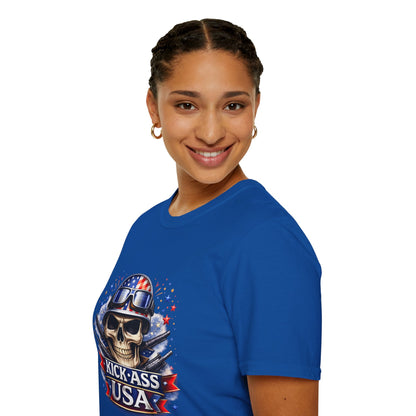 Unisex — Men's and Women's — Kick-Ass USA Skull T-Shirt — Patriotic American Flag Military Helmet Tee