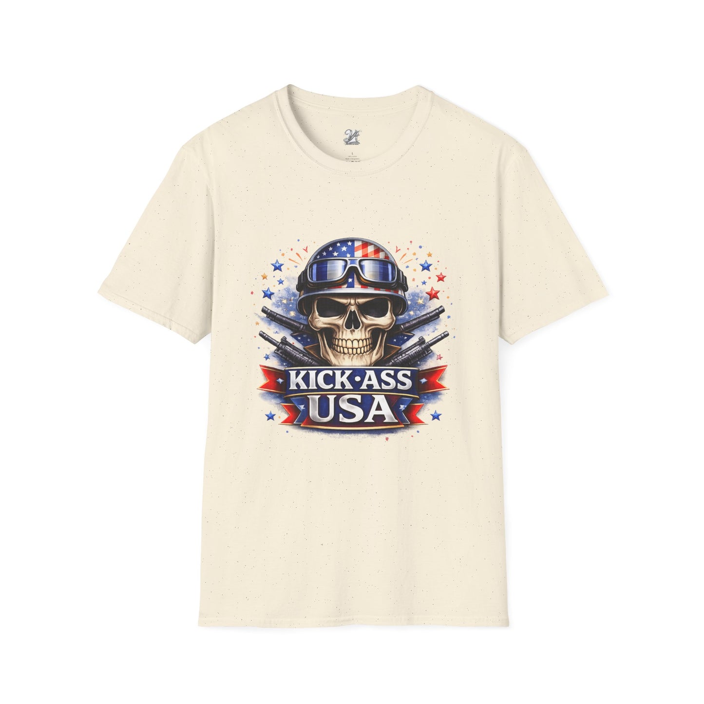 Unisex — Men's and Women's — Kick-Ass USA Skull T-Shirt — Patriotic American Flag Military Helmet Tee