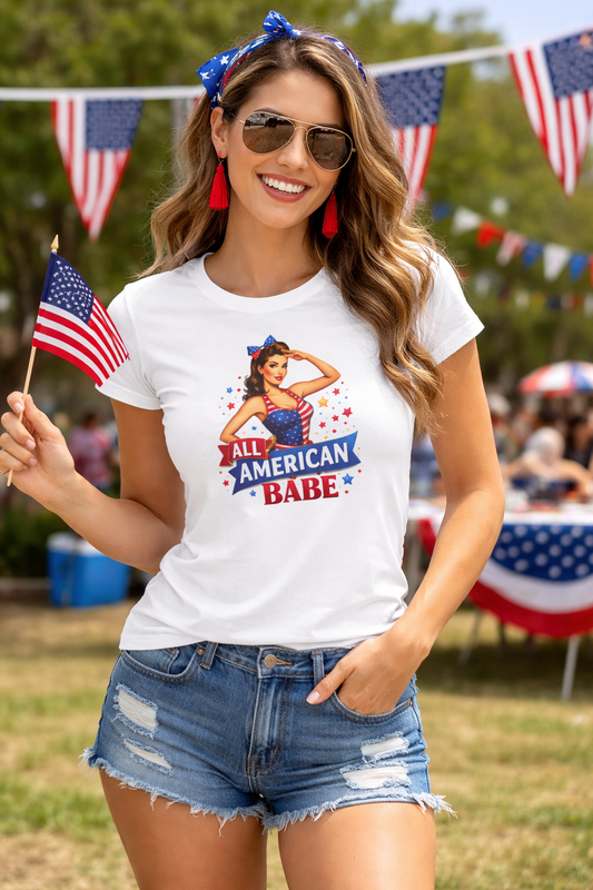Women's Tee — All American Babe Tee - Patriotic Pinup T-Shirt (4th of July)