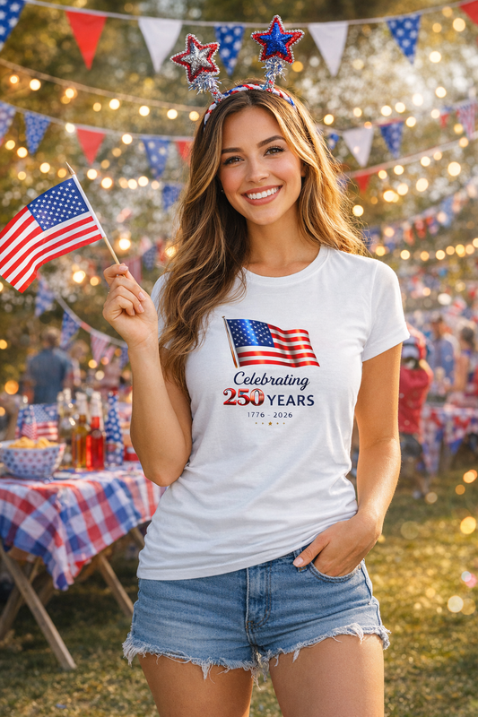 Women's Tee - USA Flag "Celebrating 250 Years"  1776–2026 Patriotic Independence Day Shirt