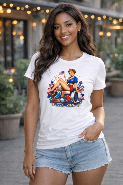 Women's Tee — 250th Anniversary Pinup Tee - 1776-2026 Patriotic Fourth of July Shirt