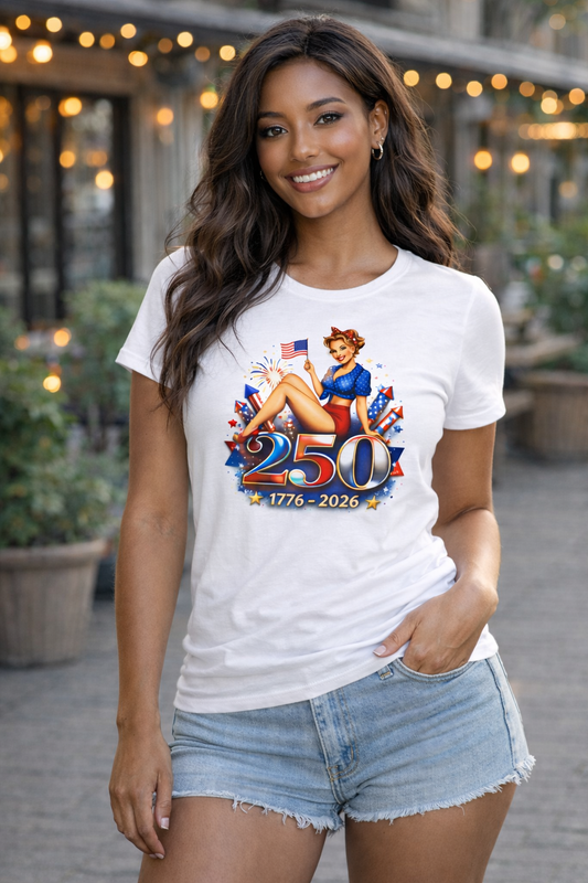Women's Tee — 250th Anniversary Pinup Tee - 1776-2026 Patriotic Fourth of July Shirt