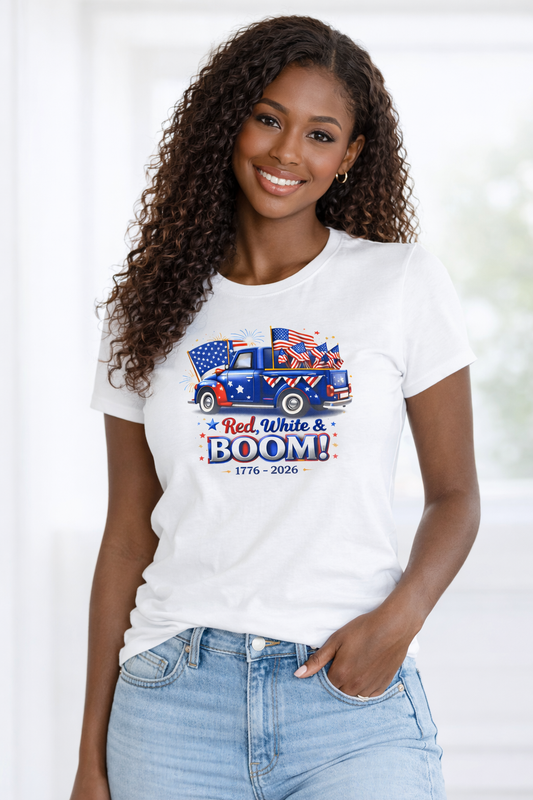 Women's Tee — Red White & Boom! Patriotic 1776-2026 Fourth of July Truck Design