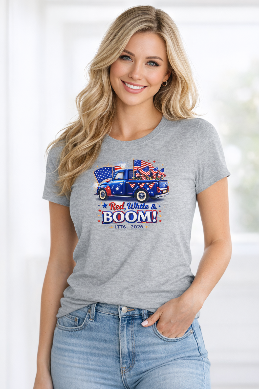 Women's Tee — Red White & Boom! Patriotic 1776-2026 Fourth of July Truck Design