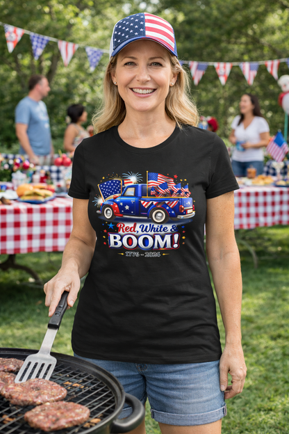 Women's Tee — Red White & Boom! Patriotic 1776-2026 Fourth of July Truck Design