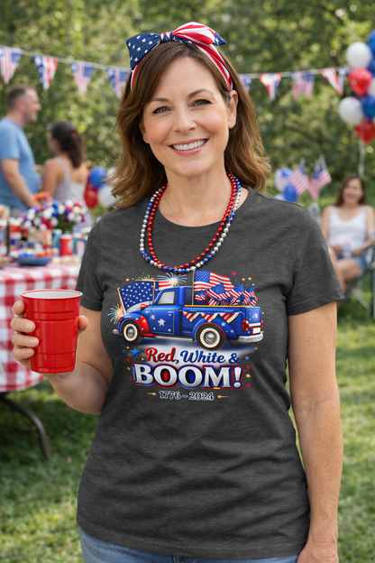 Women's Tee — Red White & Boom! Patriotic 1776-2026 Fourth of July Truck Design