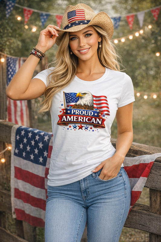Women's Tee — Proud American — Bald Eagle & Flag Patriotic T-Shirt