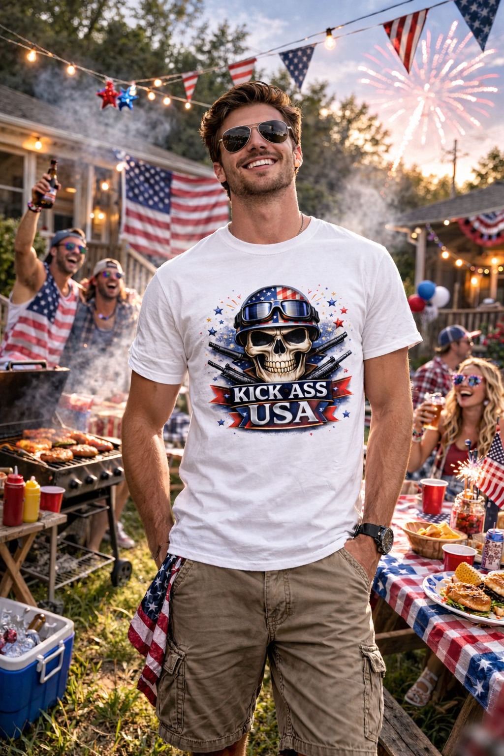 Unisex — Men's and Women's — Kick-Ass USA Skull T-Shirt — Patriotic American Flag Military Helmet Tee