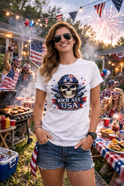 Unisex — Men's and Women's — Kick-Ass USA Skull T-Shirt — Patriotic American Flag Military Helmet Tee