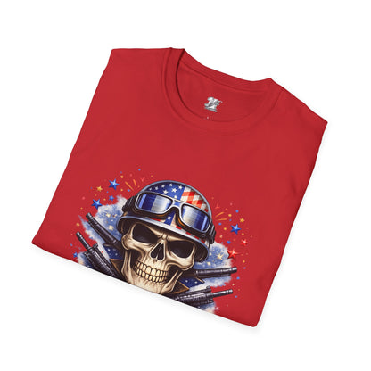 Unisex — Men's and Women's — Kick-Ass USA Skull T-Shirt — Patriotic American Flag Military Helmet Tee