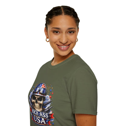 Unisex — Men's and Women's — Kick-Ass USA Skull T-Shirt — Patriotic American Flag Military Helmet Tee