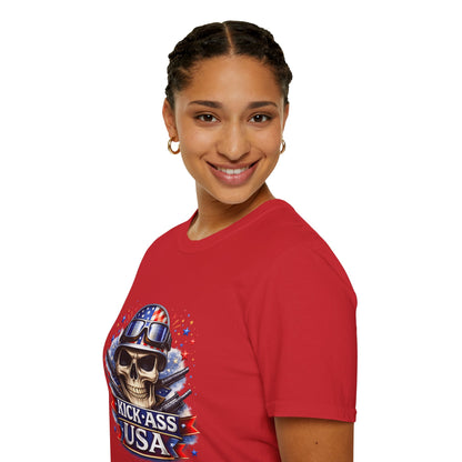 Unisex — Men's and Women's — Kick-Ass USA Skull T-Shirt — Patriotic American Flag Military Helmet Tee