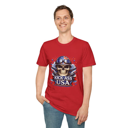 Unisex — Men's and Women's — Kick-Ass USA Skull T-Shirt — Patriotic American Flag Military Helmet Tee