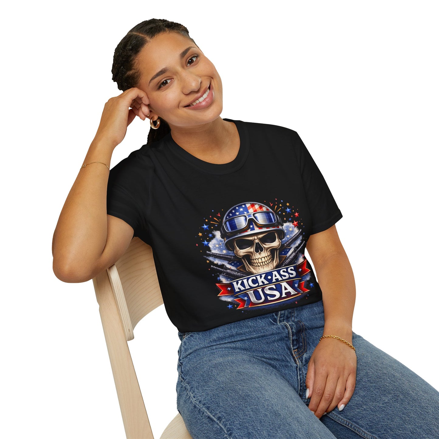 Unisex — Men's and Women's — Kick-Ass USA Skull T-Shirt — Patriotic American Flag Military Helmet Tee