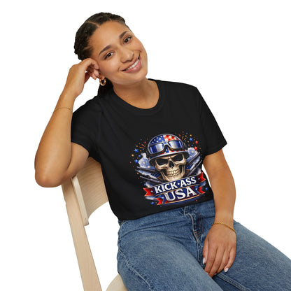 Unisex — Men's and Women's — Kick-Ass USA Skull T-Shirt — Patriotic American Flag Military Helmet Tee