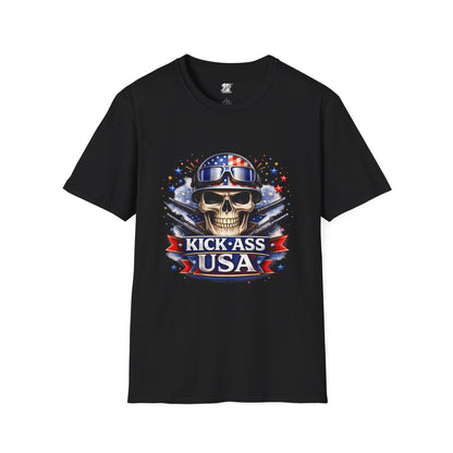 Unisex — Men's and Women's — Kick-Ass USA Skull T-Shirt — Patriotic American Flag Military Helmet Tee
