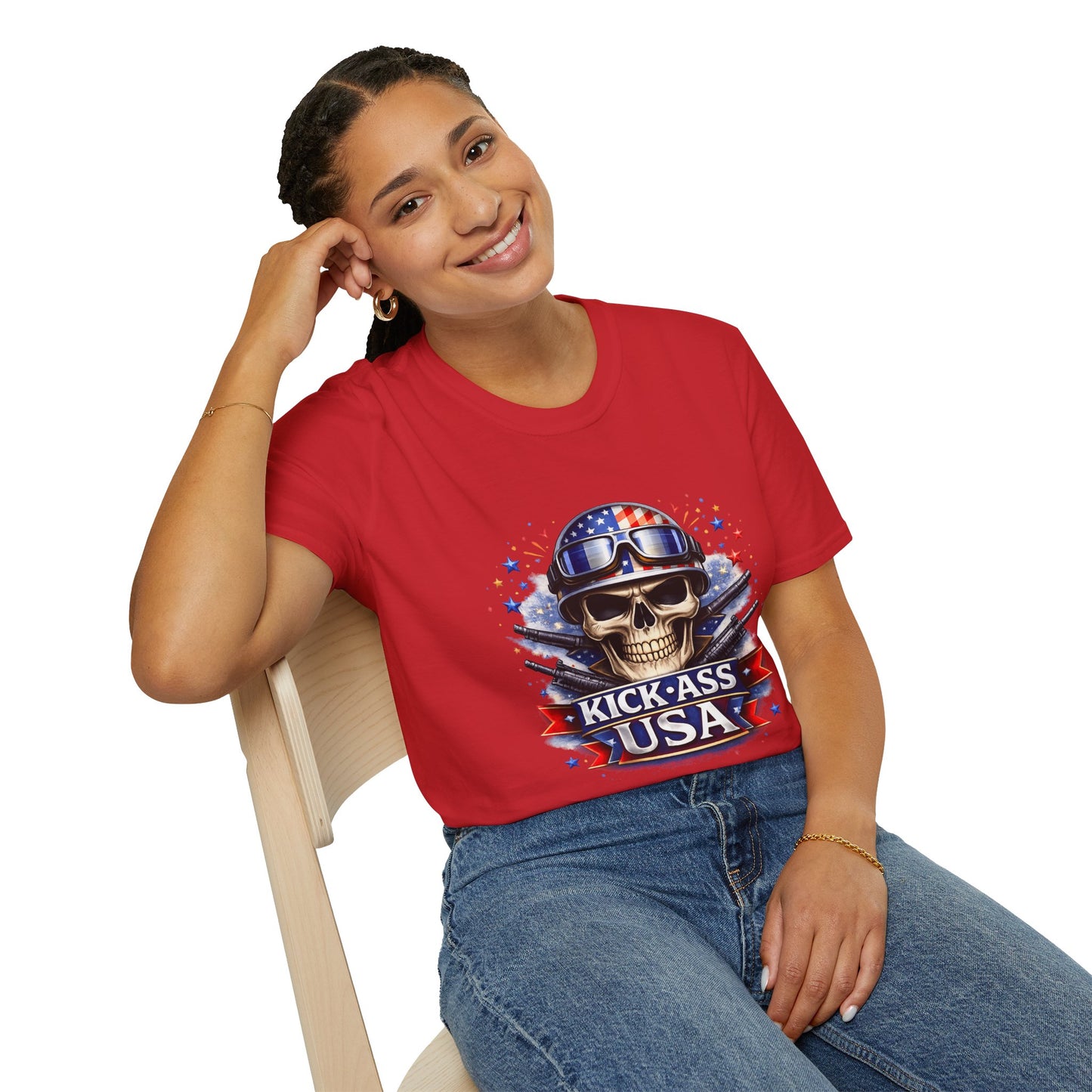 Unisex — Men's and Women's — Kick-Ass USA Skull T-Shirt — Patriotic American Flag Military Helmet Tee