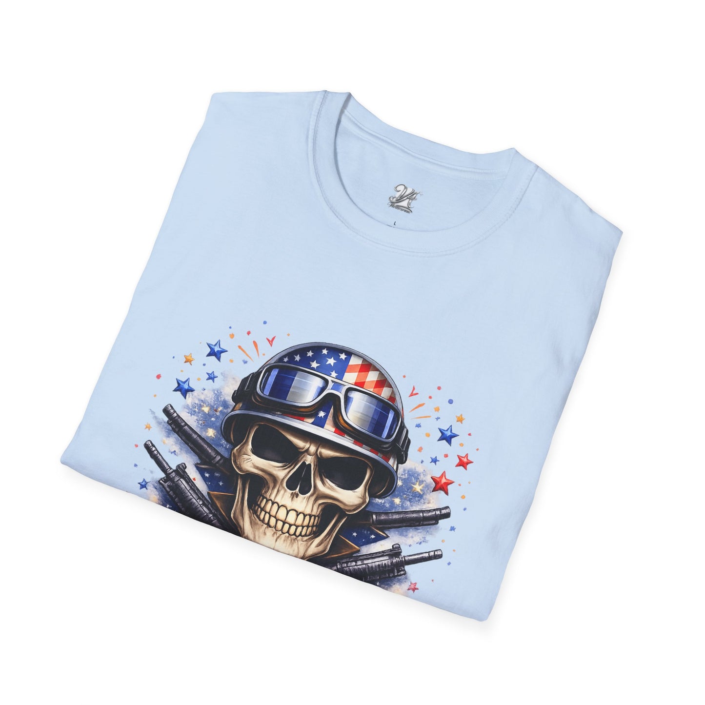 Unisex — Men's and Women's — Kick-Ass USA Skull T-Shirt — Patriotic American Flag Military Helmet Tee