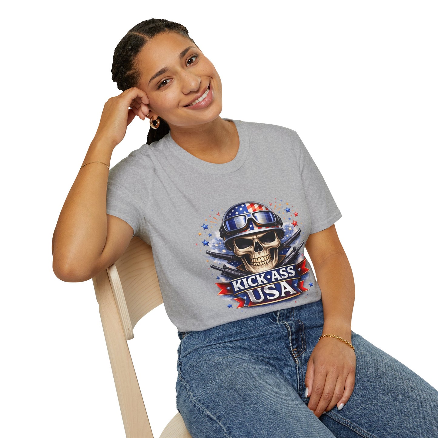 Unisex — Men's and Women's — Kick-Ass USA Skull T-Shirt — Patriotic American Flag Military Helmet Tee