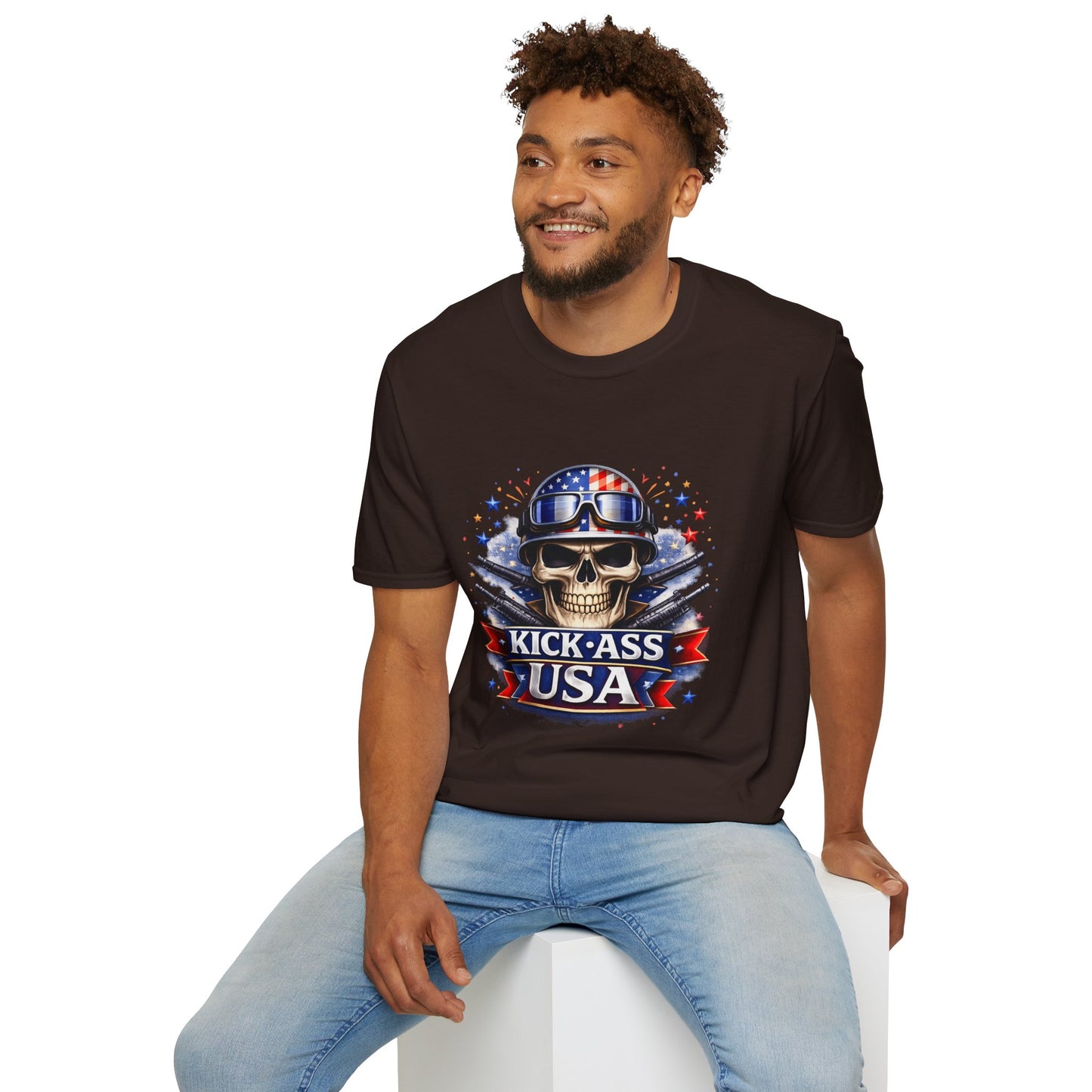 Unisex — Men's and Women's — Kick-Ass USA Skull T-Shirt — Patriotic American Flag Military Helmet Tee