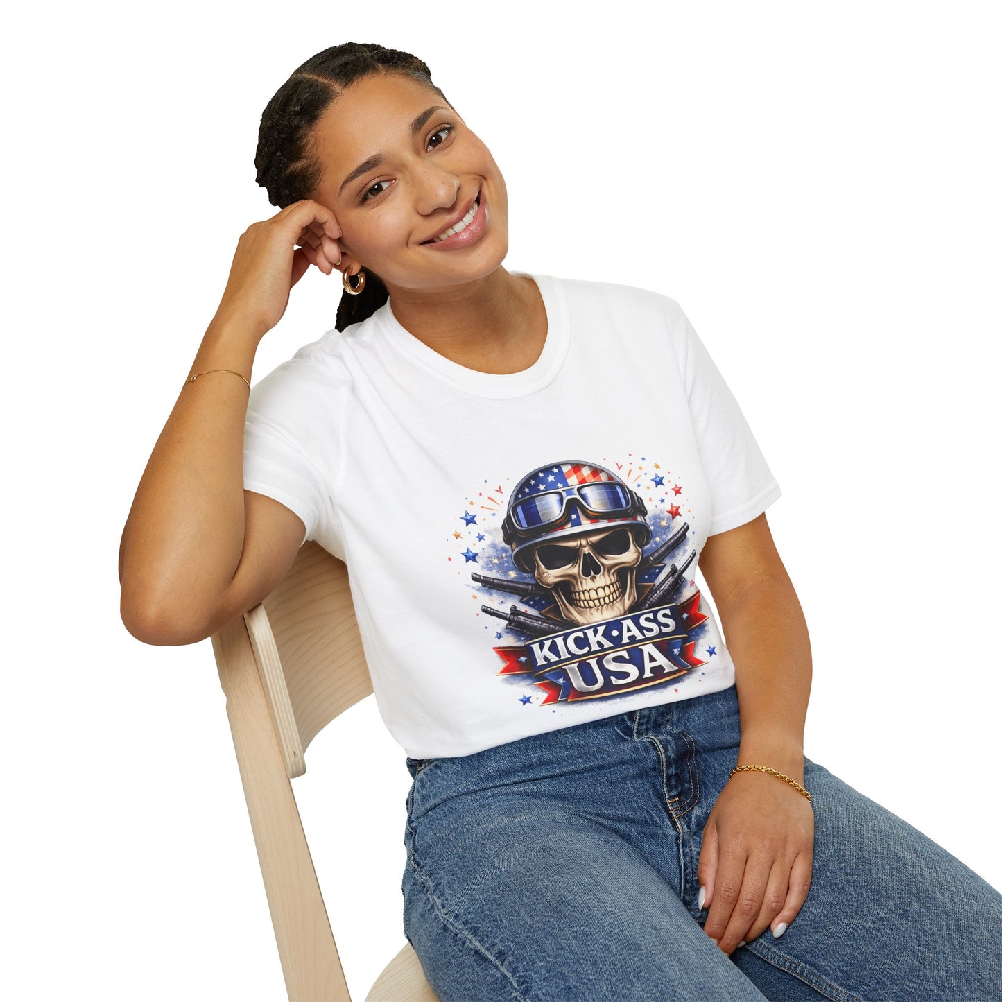 Unisex — Men's and Women's — Kick-Ass USA Skull T-Shirt — Patriotic American Flag Military Helmet Tee