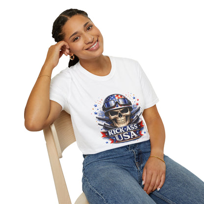 Unisex — Men's and Women's — Kick-Ass USA Skull T-Shirt — Patriotic American Flag Military Helmet Tee
