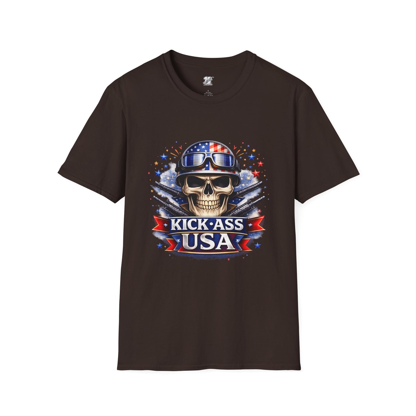 Unisex — Men's and Women's — Kick-Ass USA Skull T-Shirt — Patriotic American Flag Military Helmet Tee