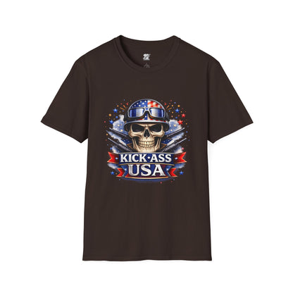 Unisex — Men's and Women's — Kick-Ass USA Skull T-Shirt — Patriotic American Flag Military Helmet Tee