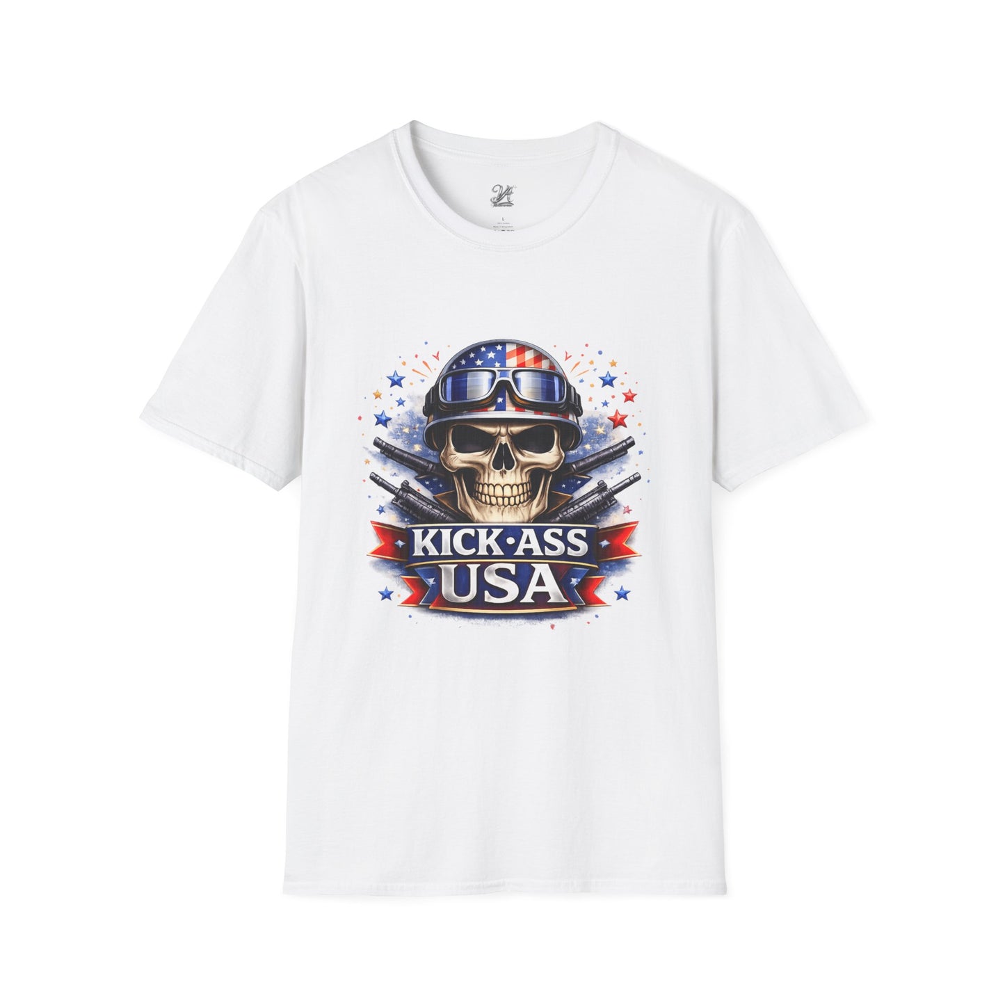 Unisex — Men's and Women's — Kick-Ass USA Skull T-Shirt — Patriotic American Flag Military Helmet Tee