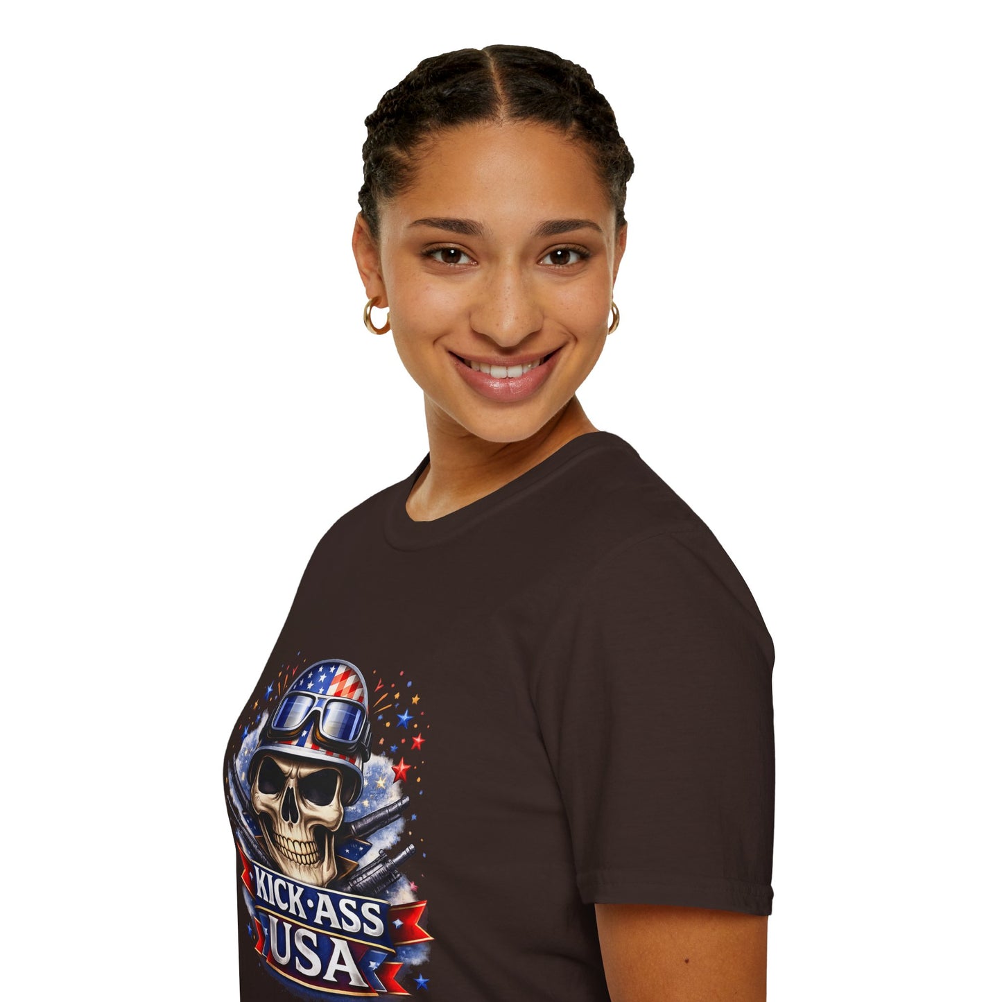 Unisex — Men's and Women's — Kick-Ass USA Skull T-Shirt — Patriotic American Flag Military Helmet Tee