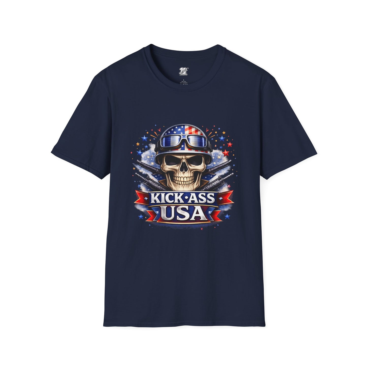 Unisex — Men's and Women's — Kick-Ass USA Skull T-Shirt — Patriotic American Flag Military Helmet Tee