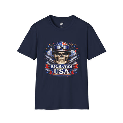Unisex — Men's and Women's — Kick-Ass USA Skull T-Shirt — Patriotic American Flag Military Helmet Tee