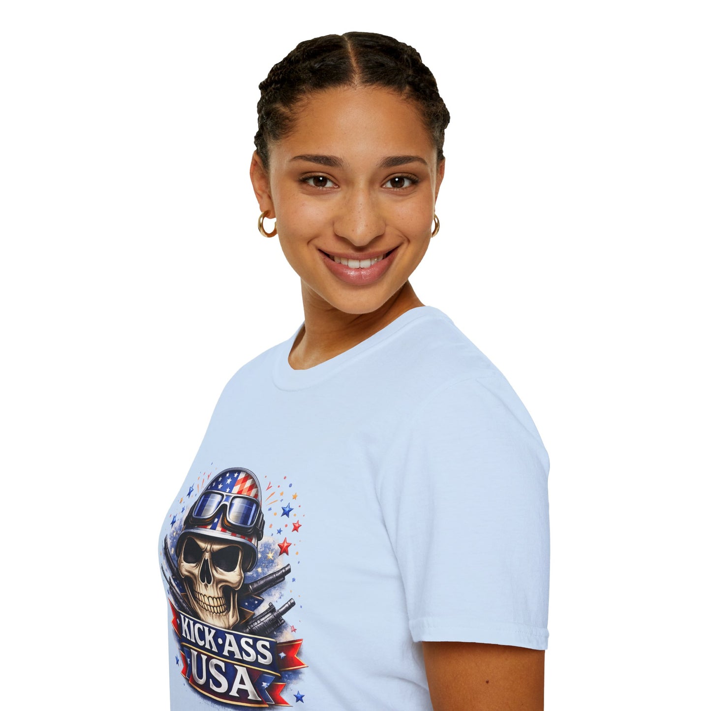 Unisex — Men's and Women's — Kick-Ass USA Skull T-Shirt — Patriotic American Flag Military Helmet Tee