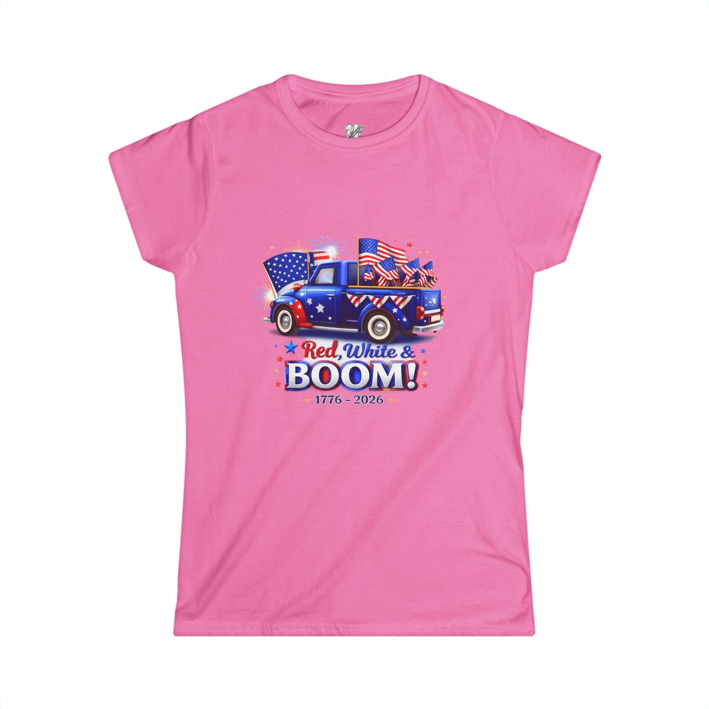 Women's Tee — Red White & Boom! Patriotic 1776-2026 Fourth of July Truck Design