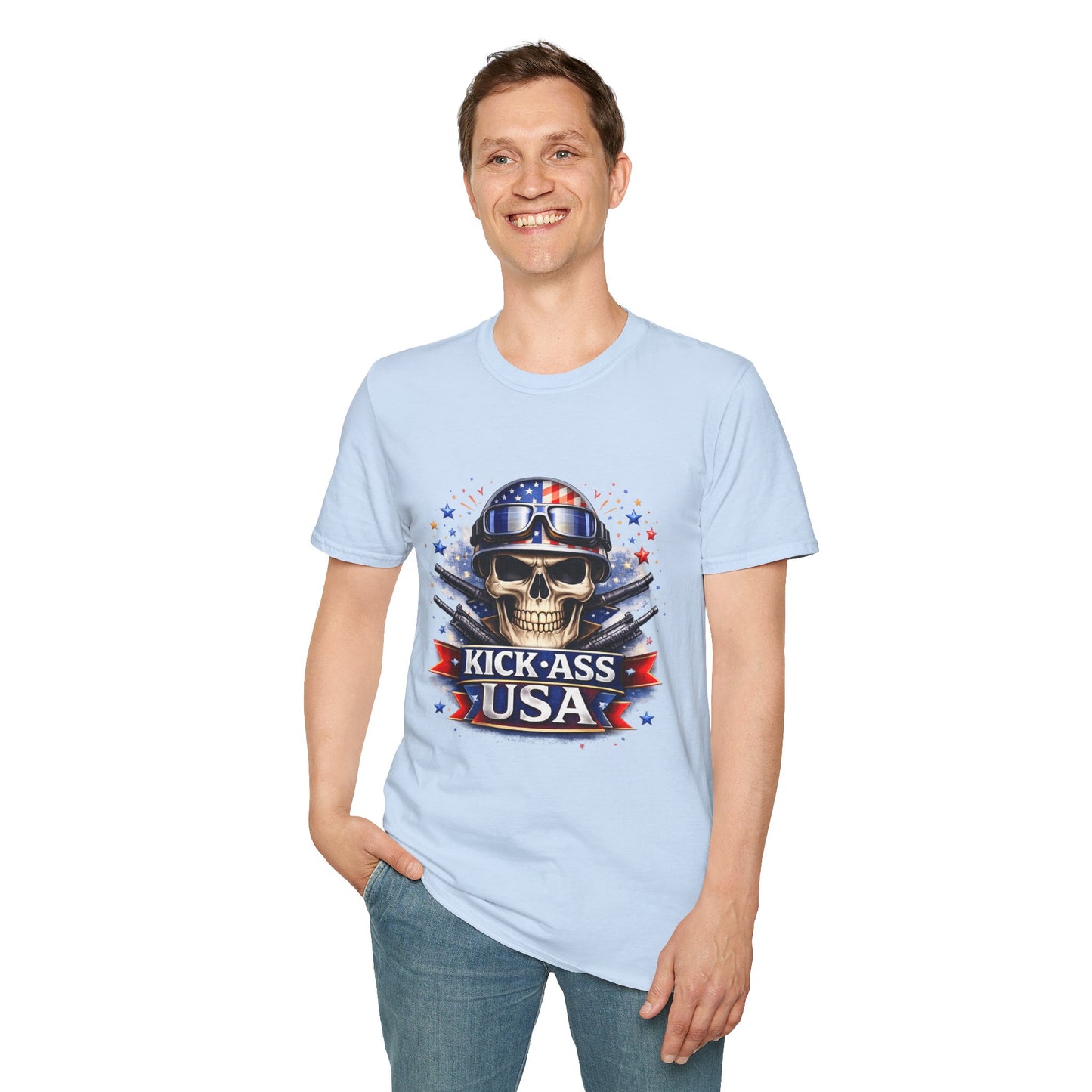 Unisex — Men's and Women's — Kick-Ass USA Skull T-Shirt — Patriotic American Flag Military Helmet Tee