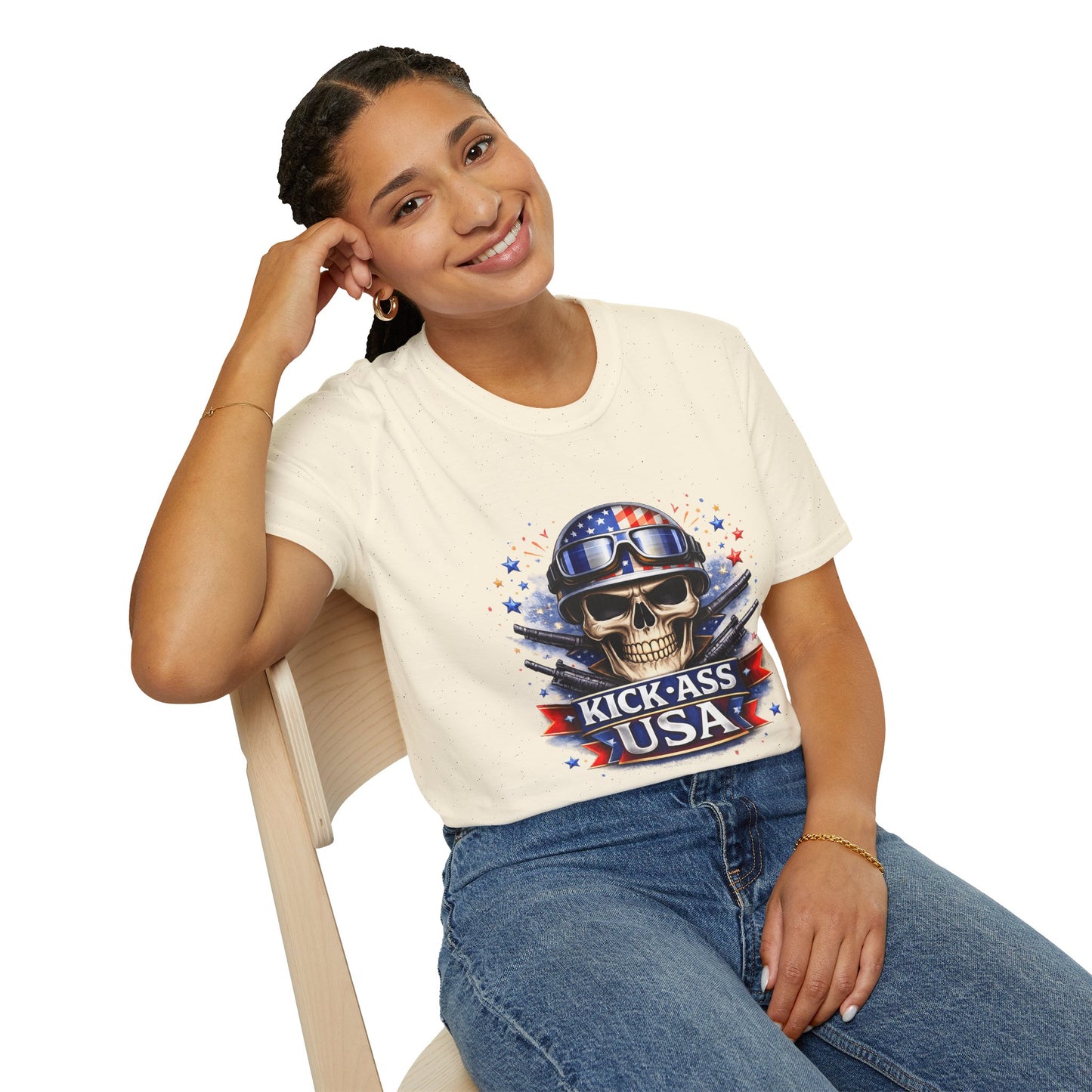 Unisex — Men's and Women's — Kick-Ass USA Skull T-Shirt — Patriotic American Flag Military Helmet Tee