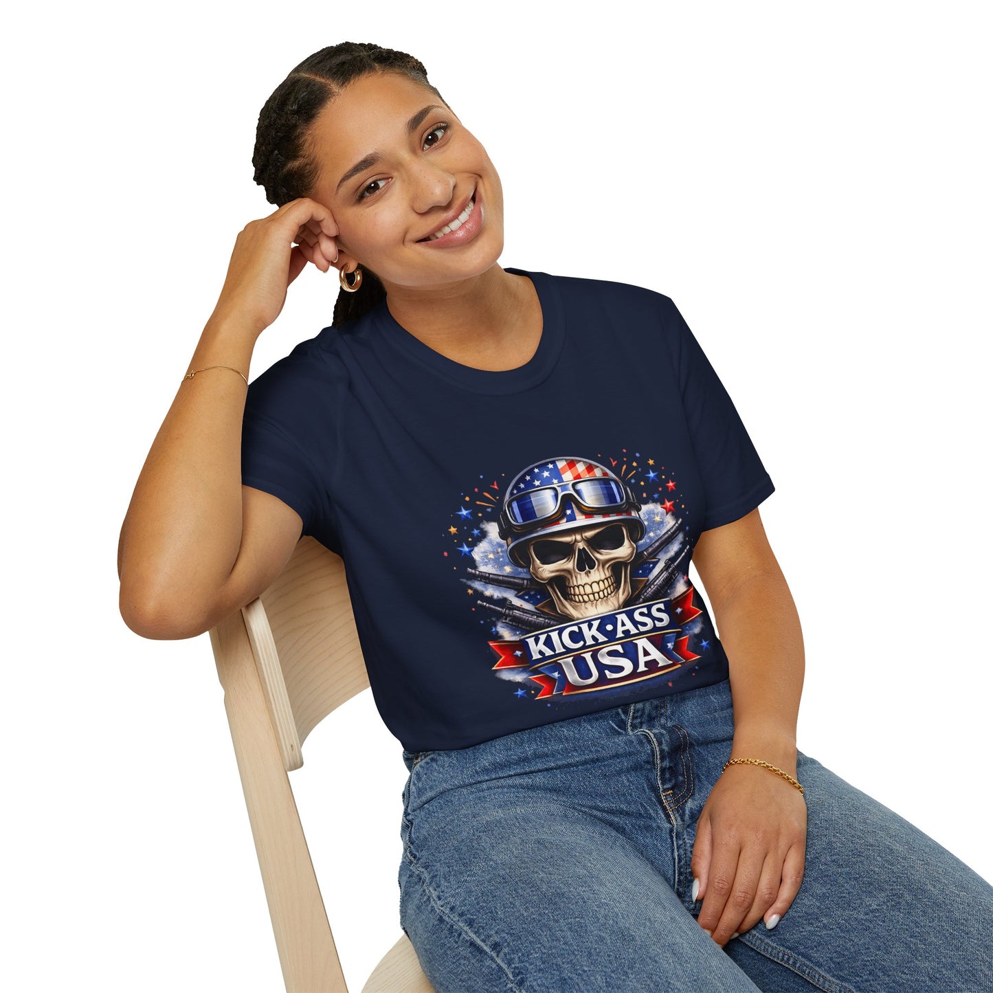 Unisex — Men's and Women's — Kick-Ass USA Skull T-Shirt — Patriotic American Flag Military Helmet Tee