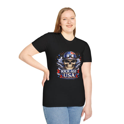 Unisex — Men's and Women's — Kick-Ass USA Skull T-Shirt — Patriotic American Flag Military Helmet Tee