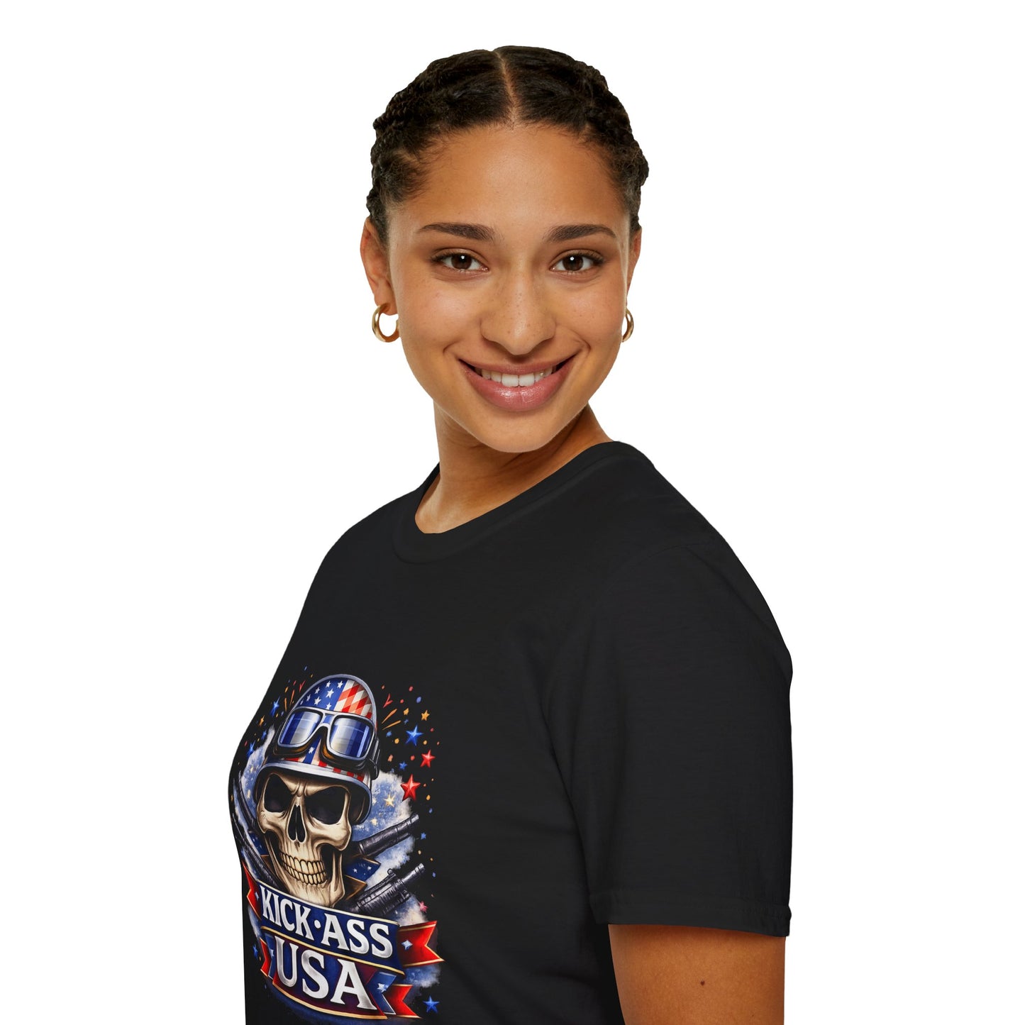 Unisex — Men's and Women's — Kick-Ass USA Skull T-Shirt — Patriotic American Flag Military Helmet Tee