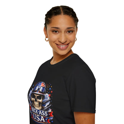 Unisex — Men's and Women's — Kick-Ass USA Skull T-Shirt — Patriotic American Flag Military Helmet Tee