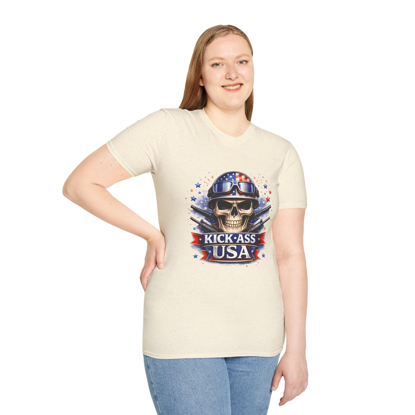 Unisex — Men's and Women's — Kick-Ass USA Skull T-Shirt — Patriotic American Flag Military Helmet Tee