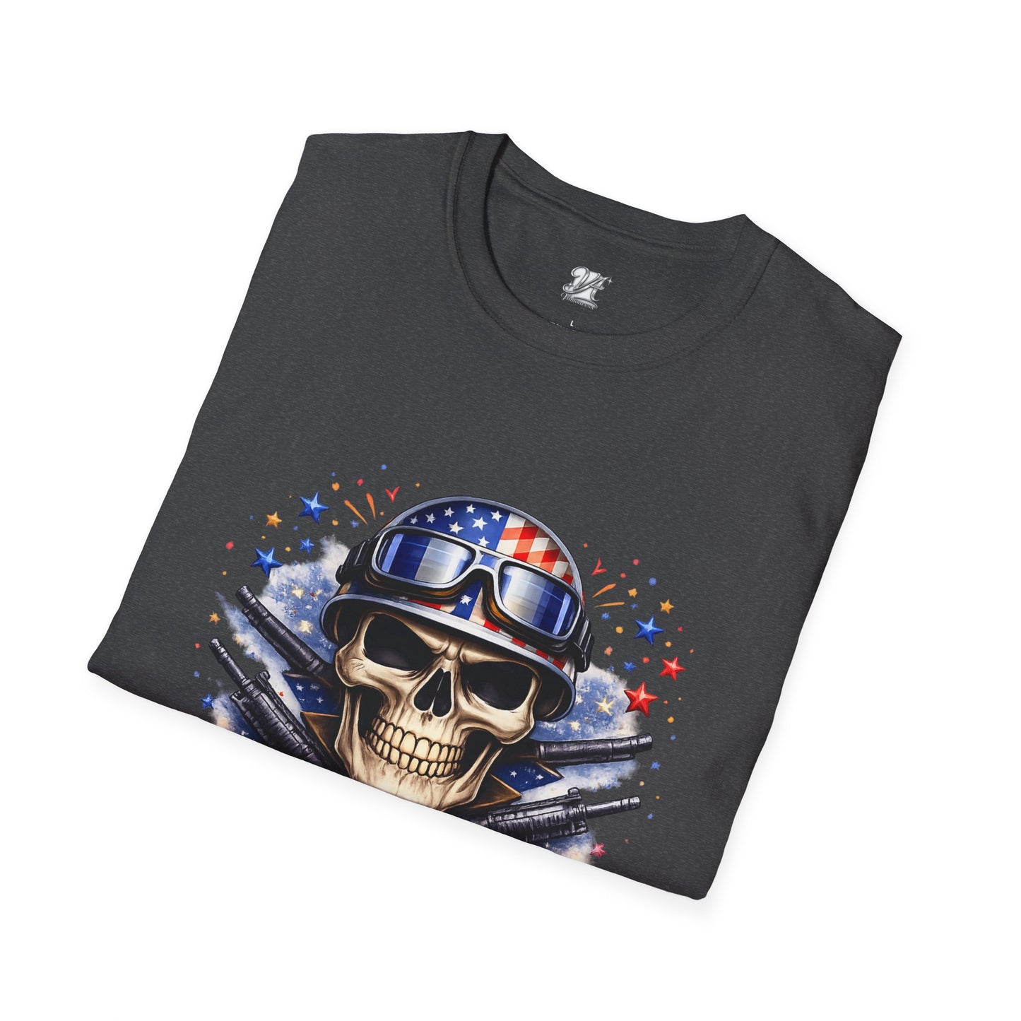Unisex — Men's and Women's — Kick-Ass USA Skull T-Shirt — Patriotic American Flag Military Helmet Tee