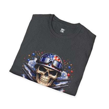 Unisex — Men's and Women's — Kick-Ass USA Skull T-Shirt — Patriotic American Flag Military Helmet Tee
