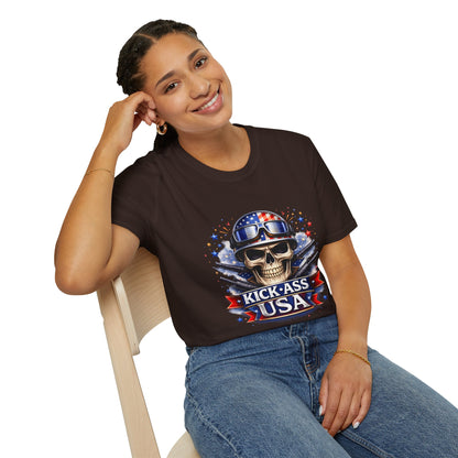 Unisex — Men's and Women's — Kick-Ass USA Skull T-Shirt — Patriotic American Flag Military Helmet Tee