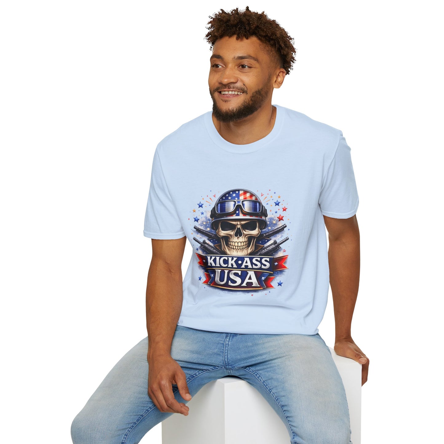 Unisex — Men's and Women's — Kick-Ass USA Skull T-Shirt — Patriotic American Flag Military Helmet Tee