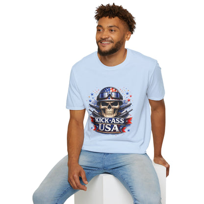 Unisex — Men's and Women's — Kick-Ass USA Skull T-Shirt — Patriotic American Flag Military Helmet Tee