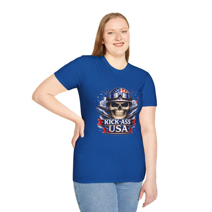 Unisex — Men's and Women's — Kick-Ass USA Skull T-Shirt — Patriotic American Flag Military Helmet Tee