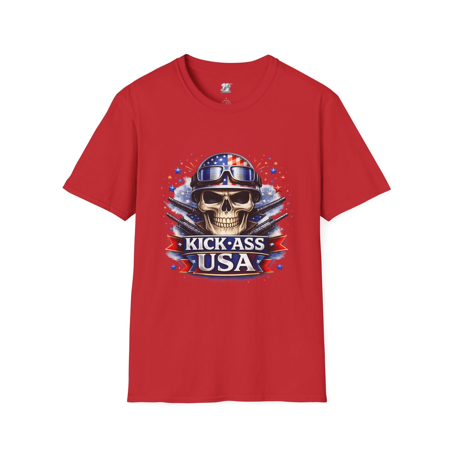Unisex — Men's and Women's — Kick-Ass USA Skull T-Shirt — Patriotic American Flag Military Helmet Tee