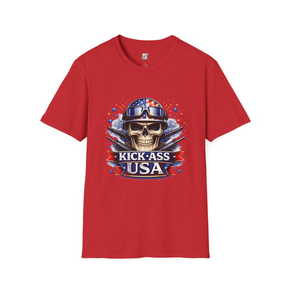 Unisex — Men's and Women's — Kick-Ass USA Skull T-Shirt — Patriotic American Flag Military Helmet Tee